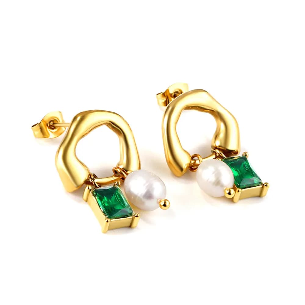 Asymmetric Earrings with Green Stones and Pearl Details